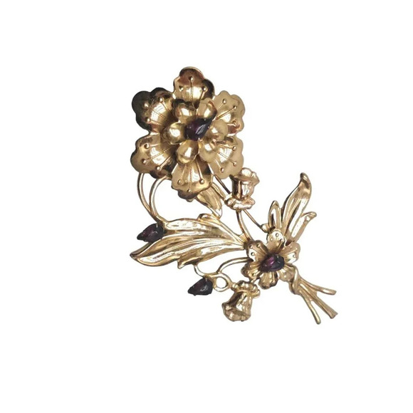 Sterling Silver Purple Rhinestone Flower Brooch Pin Gold Vermeil Vintage - Picture 3 of 6